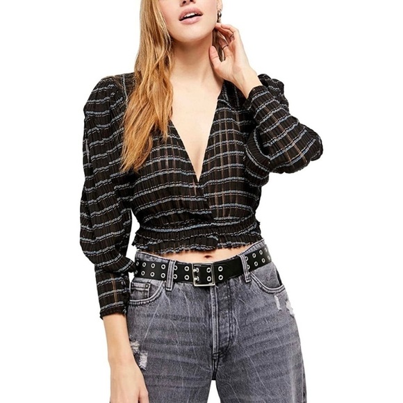 Free People V-Neck Blouse Girlfriend Striped Metallic Cropped Top Black Size M - Picture 1 of 10